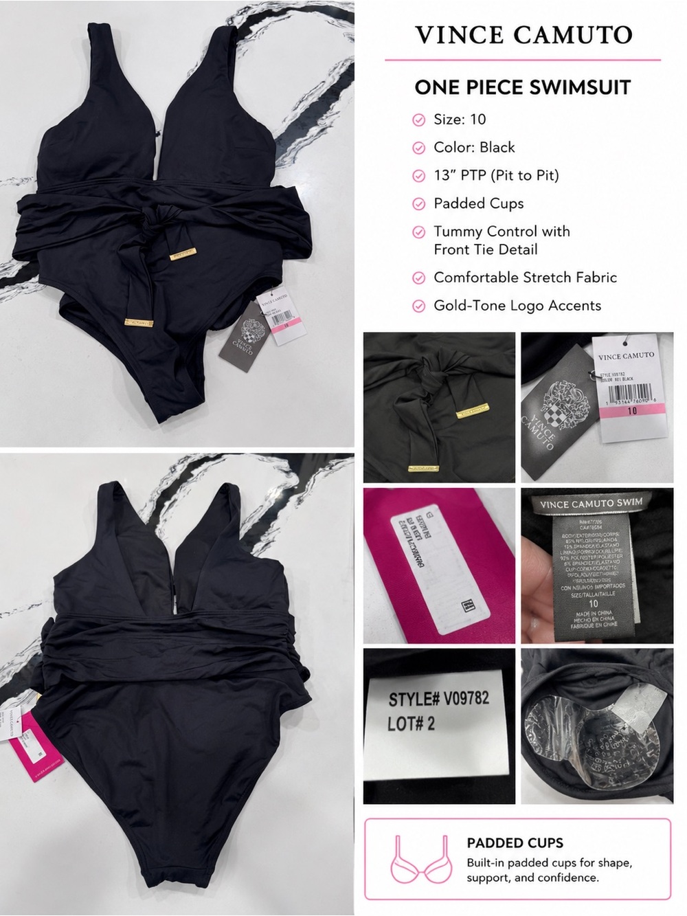 Vince Camuto Black One Piece Swimsuit Size 10 NWT Padded Cups